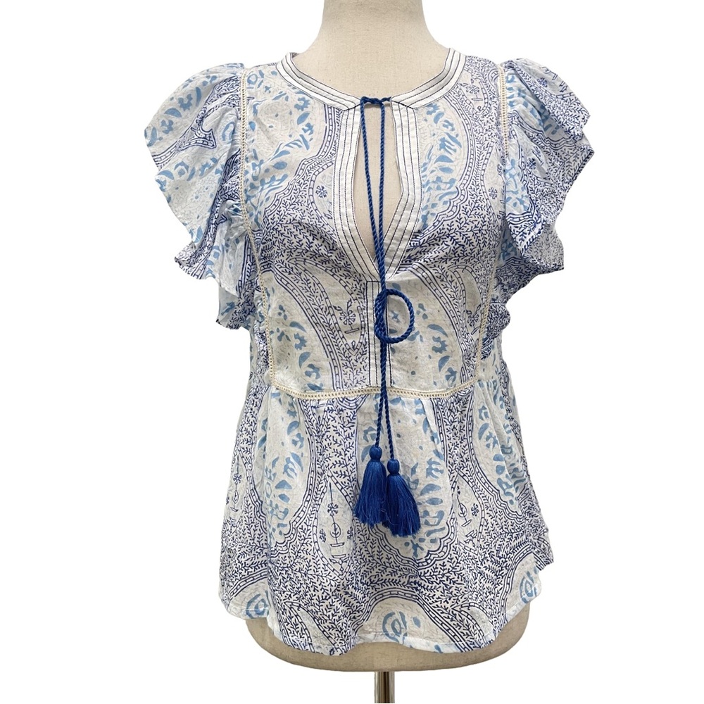 Oliphant Flirty Paisley Flutter Short Sleeve Blue Tie Top Size Small